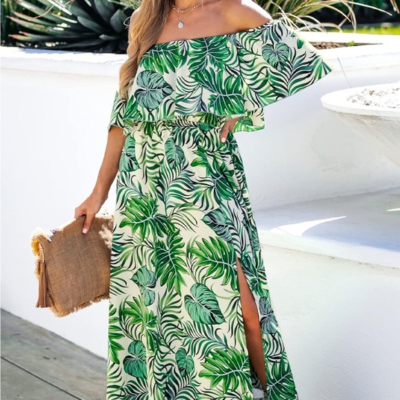 Tropical Leaf Print Maxi Dress long gown boho summer dress Tropical Leaf Print Maxi Dress long gown boho summer dress